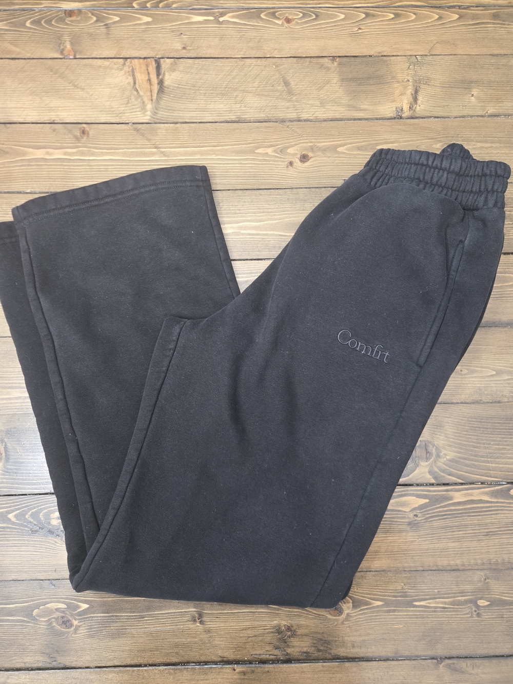Womena Black 'Comfrt' Embroidered Sweatpants Wide Leg With Pockets Size Xs
